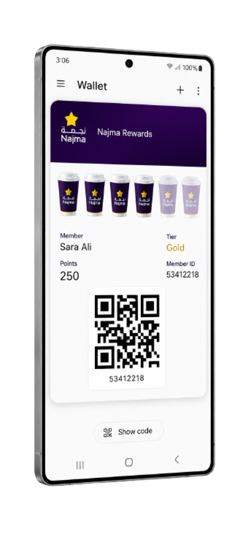 Najma loyalty card displayed in Google Wallet on a Samsung Galaxy
