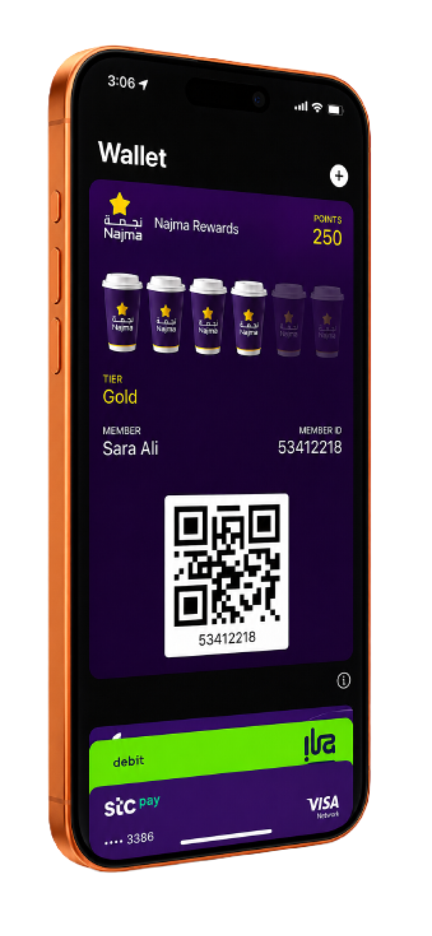 Najma loyalty card displayed in Apple Wallet on an iPhone